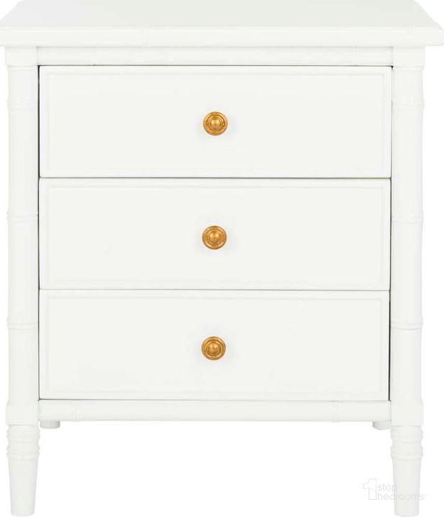 The appearance of Mina White 3-Drawer Nightstand designed by Safavieh in the modern / contemporary interior design. This white piece of furniture  was selected by 1StopBedrooms from Mina Collection to add a touch of cosiness and style into your home. Sku: NST3500B. Material: Wood. Product Type: Nightstand. Image1