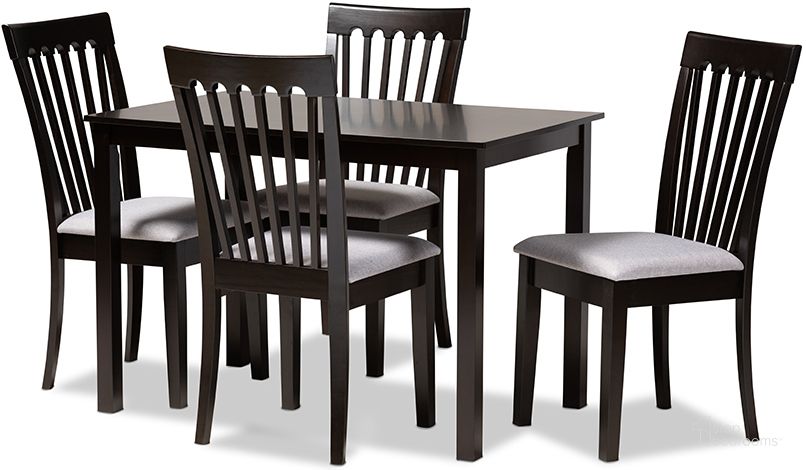 The appearance of Minette Modern And Contemporary Gray Fabric Upholstered Espresso Brown Finished Wood 5-Piece Dining Set designed by Baxton Studio in the modern / contemporary interior design. This gray piece of furniture  was selected by 1StopBedrooms from Essential Collection to add a touch of cosiness and style into your home. Sku: RH319C-Grey/Dark Brown-5PC Dining Set. Product Type: Dining Room Set. Material: Rubberwood. Image1