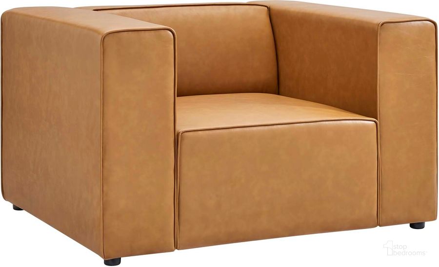 The appearance of Mingle Vegan Leather Arm Chair In Tan designed by Modway in the modern / contemporary interior design. This tan piece of furniture  was selected by 1StopBedrooms from Mingle Collection to add a touch of cosiness and style into your home. Sku: EEI-4620-TAN. Material: Leather. Product Type: Living Room Chair. Image1