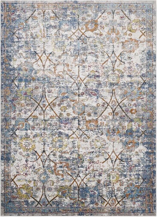 The appearance of Minu Distressed Floral Lattice 5X8 Area Rug In Blue designed by Modway in the modern / contemporary interior design. This blue piece of furniture  was selected by 1StopBedrooms from Minu Collection to add a touch of cosiness and style into your home. Sku: R-1091B-58. Material: Polypropylene. Product Type: Area Rugs. Image1