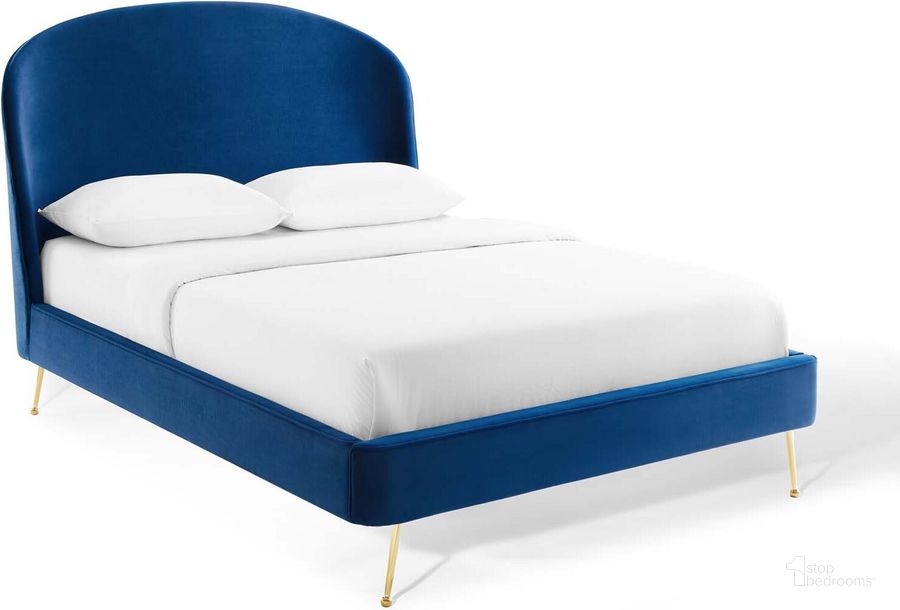 The appearance of Mira Navy Upholstered Performance Velvet Queen Platform Bed designed by Modway in the modern / contemporary interior design. This navy piece of furniture  was selected by 1StopBedrooms from Mira Collection to add a touch of cosiness and style into your home. Sku: MOD-6131-NAV. Bed Type: Platform Bed. Material: Wood. Product Type: Platform Bed. Bed Size: Queen. Image1
