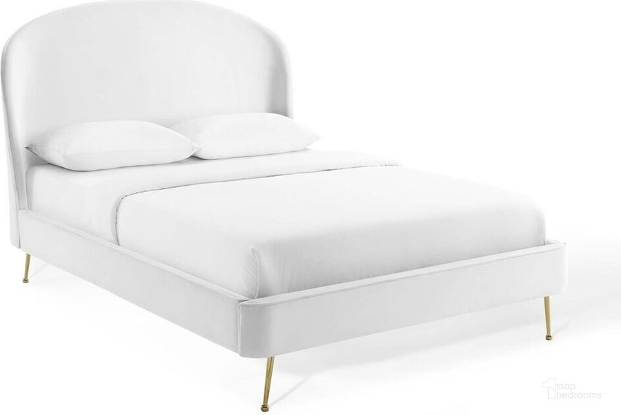 The appearance of Mira Upholstered Performance Velvet Queen Platform Bed In White designed by Modway in the modern / contemporary interior design. This white piece of furniture  was selected by 1StopBedrooms from Mira Collection to add a touch of cosiness and style into your home. Sku: MOD-6131-WHI. Bed Type: Platform Bed. Material: Wood. Product Type: Platform Bed. Bed Size: Queen. Image1
