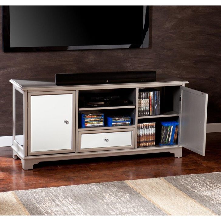 The appearance of Mirage Tv-Media Stand designed by SEI Furniture in the glam interior design. This silver piece of furniture  was selected by 1StopBedrooms from Mirage Collection to add a touch of cosiness and style into your home. Sku: MS9158. Product Type: TV Stand. Material: MDF. Image1