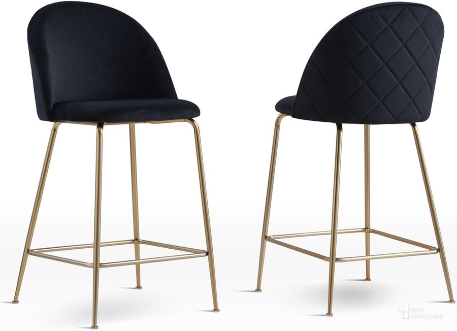 The appearance of Miramar Velvet Metal Counter Height Bar Stools In Black Set of 2 designed by Best Master Furniture in the cabin / lodge interior design. This black piece of furniture  was selected by 1StopBedrooms from Miramar Collection to add a touch of cosiness and style into your home. Sku: T14BBS. Product Type: Barstool. Material: Velvet. Image1