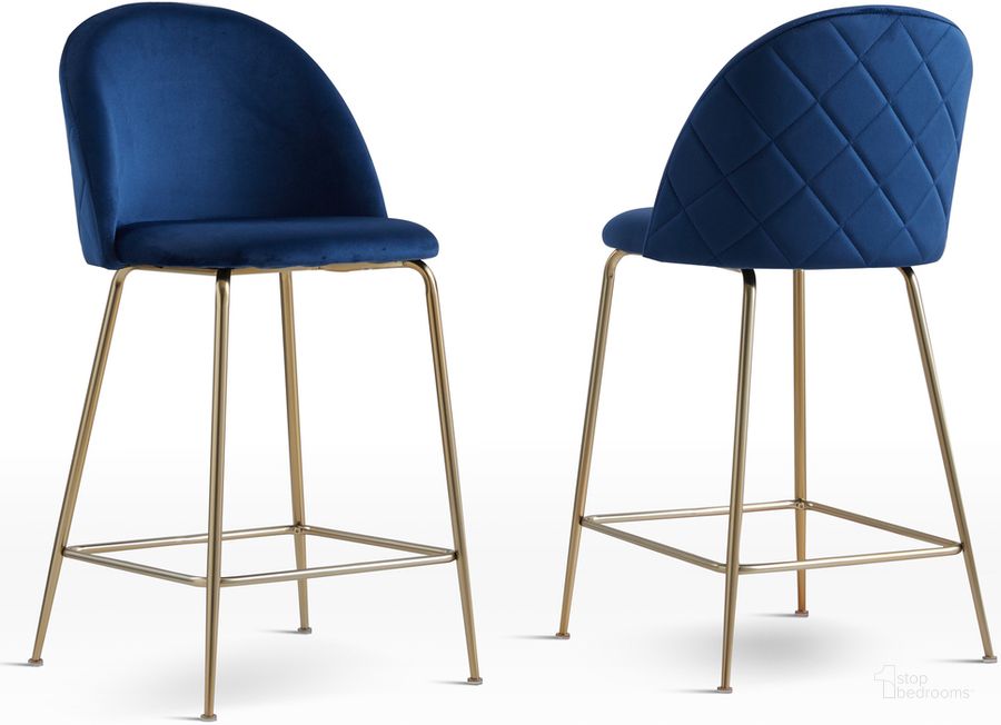 The appearance of Miramar Velvet Metal Counter Height Bar Stools In Blue Set of 2 designed by Best Master Furniture in the cabin / lodge interior design. This blue piece of furniture  was selected by 1StopBedrooms from Miramar Collection to add a touch of cosiness and style into your home. Sku: T14BLBS. Product Type: Barstool. Material: Velvet. Image1