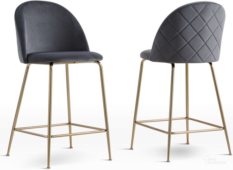 The appearance of Miramar Velvet Metal Counter Height Bar Stools In Dark Gray Set of 2 designed by Best Master Furniture in the cabin / lodge interior design. This gray piece of furniture  was selected by 1StopBedrooms from Miramar Collection to add a touch of cosiness and style into your home. Sku: T14DGBS. Product Type: Barstool. Material: Velvet. Image1