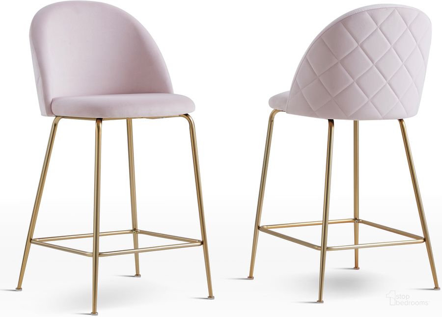 The appearance of Miramar Velvet Metal Counter Height Bar Stools In Pink Set of 2 designed by Best Master Furniture in the cabin / lodge interior design. This pink piece of furniture  was selected by 1StopBedrooms from Miramar Collection to add a touch of cosiness and style into your home. Sku: T14PBS. Product Type: Barstool. Material: Velvet. Image1