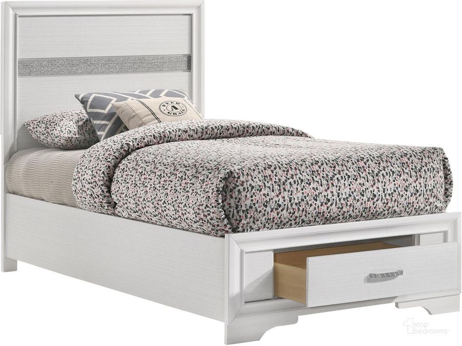 The appearance of Miranda White Twin Panel Storage Bed designed by Coaster in the transitional interior design. This white piece of furniture  was selected by 1StopBedrooms from Miranda Collection to add a touch of cosiness and style into your home. Sku: 205111TB1;205111TB2;205111TB3. Bed Type: Storage Bed. Material: Wood. Product Type: Storage Bed. Bed Size: Twin. Image1