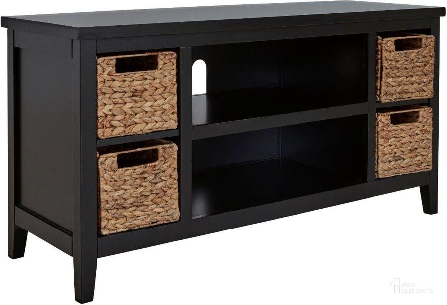 The appearance of Mirimyn Black Tv Stand designed by Signature Design by Ashley in the transitional interior design. This black piece of furniture  was selected by 1StopBedrooms from Mirimyn Collection to add a touch of cosiness and style into your home. Sku: W505-610. Material: Wood. Product Type: TV Stand. Image1