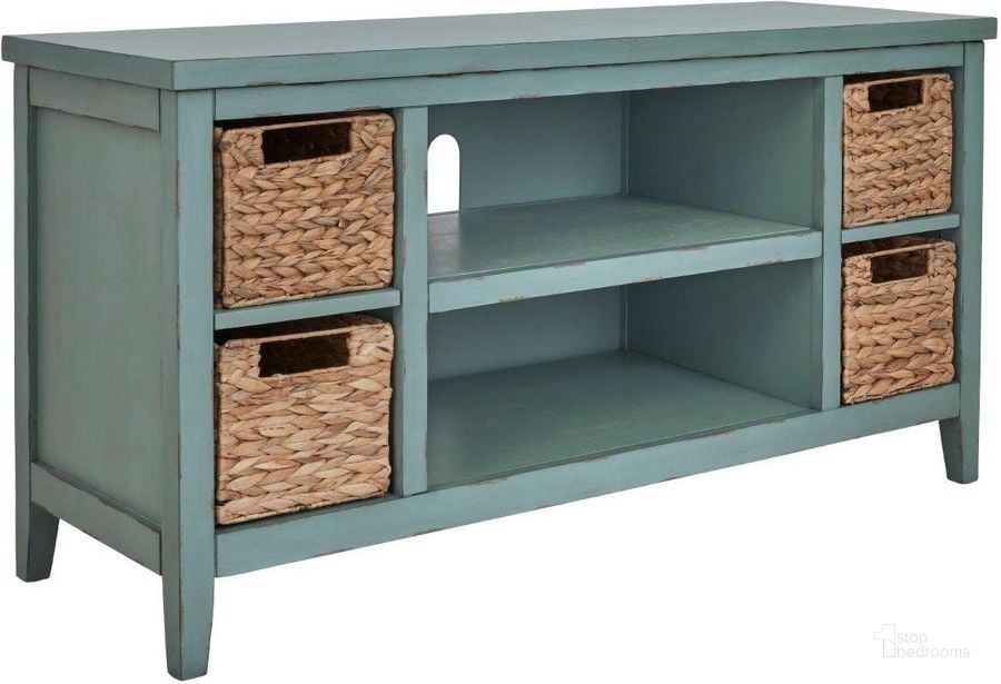 The appearance of Mirimyn Teal Tv Stand designed by Signature Design by Ashley in the transitional interior design. This teal piece of furniture  was selected by 1StopBedrooms from Mirimyn Collection to add a touch of cosiness and style into your home. Sku: W505-710. Material: Wood. Product Type: TV Stand. Image1