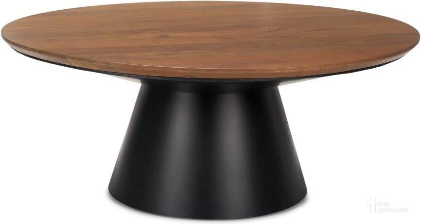 The appearance of Mitchell Black Metal Pedestal Base With Brown Wood Top Coffee Table designed by Mercana in the modern / contemporary interior design. This black and brown piece of furniture  was selected by 1StopBedrooms from Mitchell Collection to add a touch of cosiness and style into your home. Sku: 69907-AB. Material: Wood. Product Type: Coffee Table. Image1