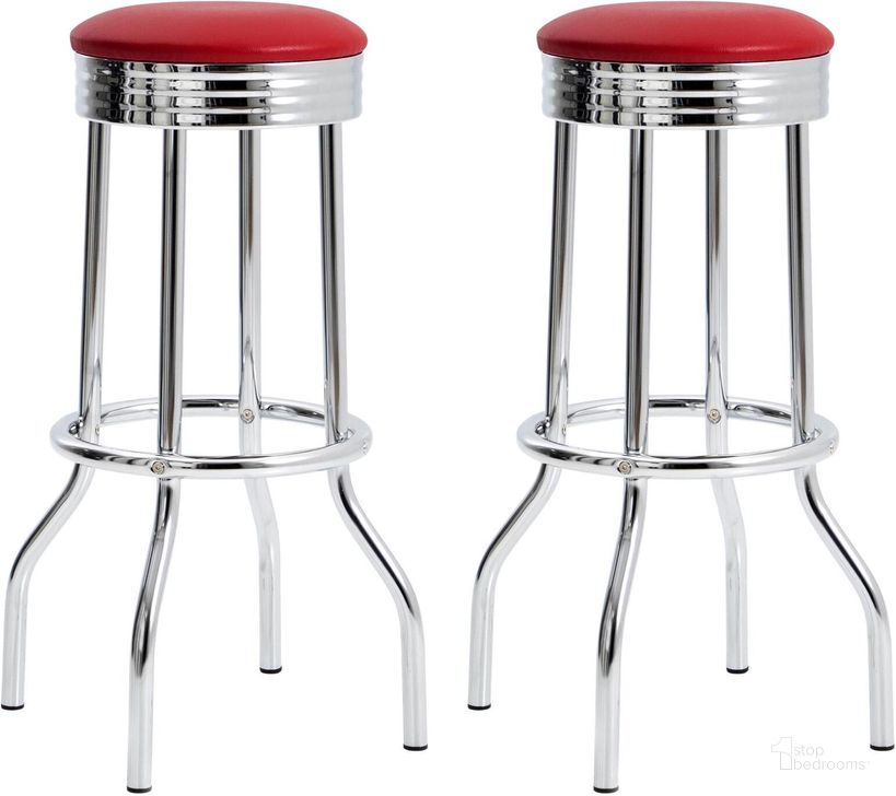 The appearance of Mix and Match Red Bar Stool Set of 2 designed by Coaster in the modern / contemporary interior design. This chrome piece of furniture  was selected by 1StopBedrooms from Barstools Collection to add a touch of cosiness and style into your home. Sku: 2299R. Material: Metal. Product Type: Barstool. Image1
