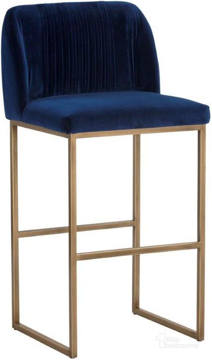 The appearance of Mixt Nevin Midnight Blue Bar Stool designed by Sunpan in the transitional interior design. This blue piece of furniture  was selected by 1StopBedrooms from Nevin Collection to add a touch of cosiness and style into your home. Sku: 105085. Material: Fabric. Product Type: Barstool. Image1