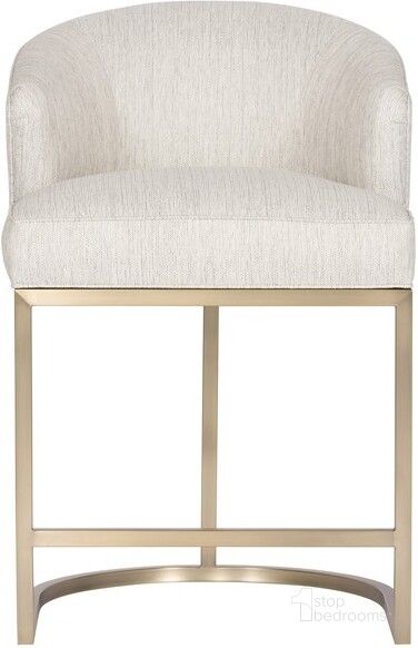 The appearance of Charley Satin Brass Barrel Base Counter Stool In Cream designed by Vanguard Furniture in the transitional interior design. This cream piece of furniture  was selected by 1StopBedrooms from Charley Collection to add a touch of cosiness and style into your home. Sku: T2V67-CS. Product Type: Bar Stool. Material: Upholstery. Image1
