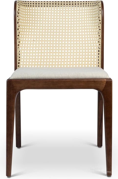 The appearance of Modern Brazilian Eloa Cane Side Chair In Medley Ivory Seat, Nogal Frame and Natural Cane Webbing designed by Urbia in the modern / contemporary interior design. This nogal piece of furniture  was selected by 1StopBedrooms from Modern Brazilian Collection to add a touch of cosiness and style into your home. Sku: BSM-208081-02. Product Type: Side Chair. Material: Engineered Wood. Image1