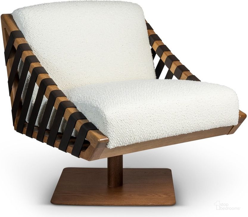 The appearance of Modern Brazilian Girona Swivel Chair In Pecan Frame, Boucle Ivory Seat and Dark Brown Leather Straps designed by Urbia in the modern / contemporary interior design. This ivory piece of furniture  was selected by 1StopBedrooms from Modern Brazilian Collection to add a touch of cosiness and style into your home. Sku: BMJ-71607-04. Product Type: Swivel Chair. Material: Engineered Wood. Image1