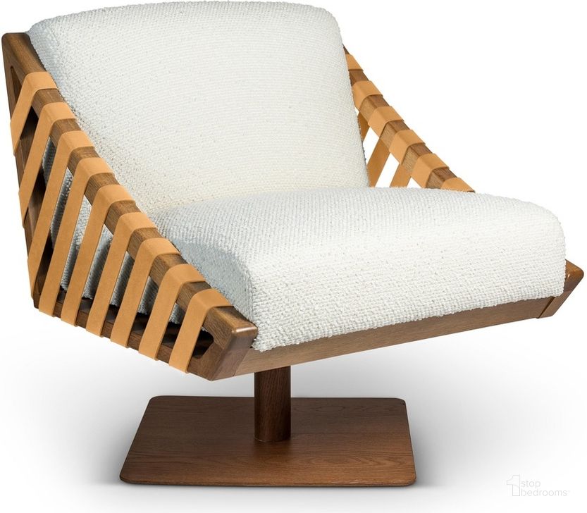 The appearance of Modern Brazilian Girona Swivel Chair In Pecan Frame, Boucle Ivory Seat and Light Brown Leather Straps designed by Urbia in the modern / contemporary interior design. This ivory piece of furniture  was selected by 1StopBedrooms from Modern Brazilian Collection to add a touch of cosiness and style into your home. Sku: BMJ-71607-02. Product Type: Swivel Chair. Material: Engineered Wood. Image1