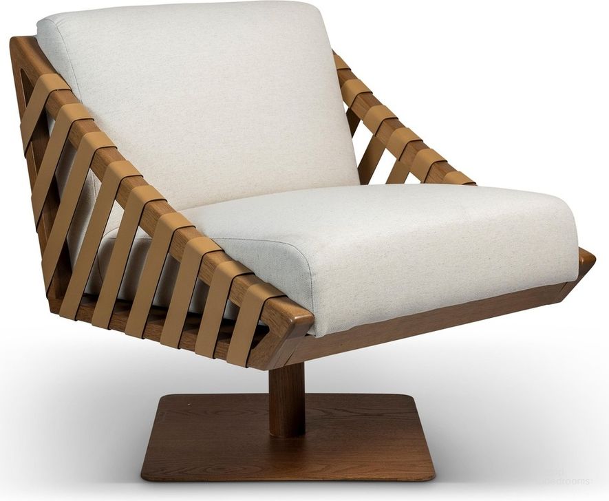 The appearance of Modern Brazilian Girona Swivel Chair In Pecan Frame, Natural Seat and Light Brown Leather Straps designed by Urbia in the modern / contemporary interior design. This natural piece of furniture  was selected by 1StopBedrooms from Modern Brazilian Collection to add a touch of cosiness and style into your home. Sku: BMJ-71607-06. Product Type: Swivel Chair. Material: Engineered Wood. Image1