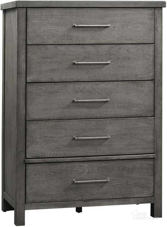 The appearance of Modern Farmhouse Distressed Dusty Charcoal 5 Drawer Chest designed by Liberty in the country / farmhouse interior design. This brown piece of furniture  was selected by 1StopBedrooms from Modern Farmhouse Collection to add a touch of cosiness and style into your home. Sku: 406-BR41. Material: Wood. Product Type: Chest. Image1