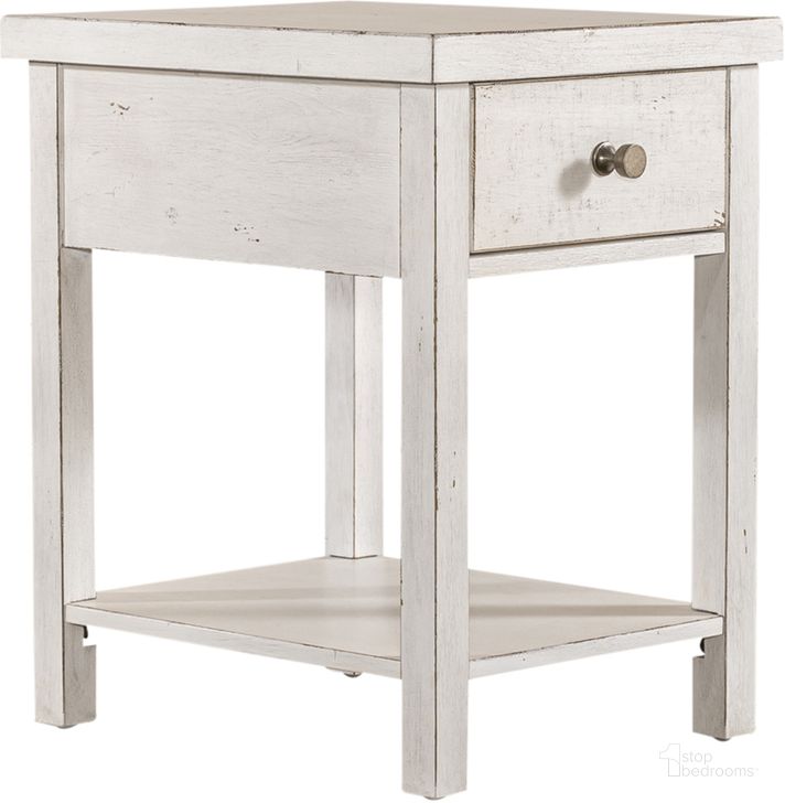 The appearance of Modern Farmhouse Drawer Chair Side Table In White designed by Liberty in the country / farmhouse interior design. This white piece of furniture  was selected by 1StopBedrooms from Modern Farmhouse Collection to add a touch of cosiness and style into your home. Sku: 406W-OT1023. Product Type: Side Table. Material: Poplar. Image1