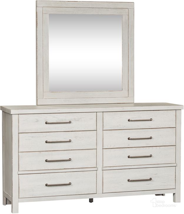 The appearance of Modern Farmhouse Dresser And Mirror In White designed by Liberty in the country / farmhouse interior design. This white piece of furniture  was selected by 1StopBedrooms from Modern Farmhouse Collection to add a touch of cosiness and style into your home. Sku: 406W-BR31;406W-BR51. Product Type: Dresser and Mirror. Material: Poplar. Image1