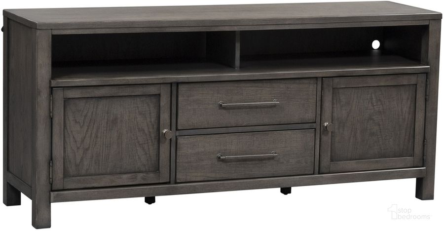 The appearance of Modern Farmhouse Dusty Charcoal 66" Entertainment Console designed by Liberty in the modern / contemporary interior design. This gray piece of furniture  was selected by 1StopBedrooms from Modern Farmhouse Collection to add a touch of cosiness and style into your home. Sku: 406-TV66. Material: Wood. Product Type: TV Stands and TV Console. Image1