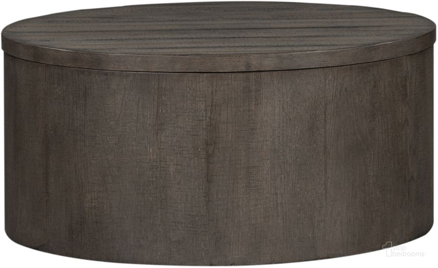 The appearance of Modern Farmhouse Dusty Charcoal Drum Cocktail Table designed by Liberty in the modern / contemporary interior design. This gray piece of furniture  was selected by 1StopBedrooms from Modern Farmhouse Collection to add a touch of cosiness and style into your home. Sku: 406-OT1011. Material: Wood. Product Type: Cocktail Table. Image1
