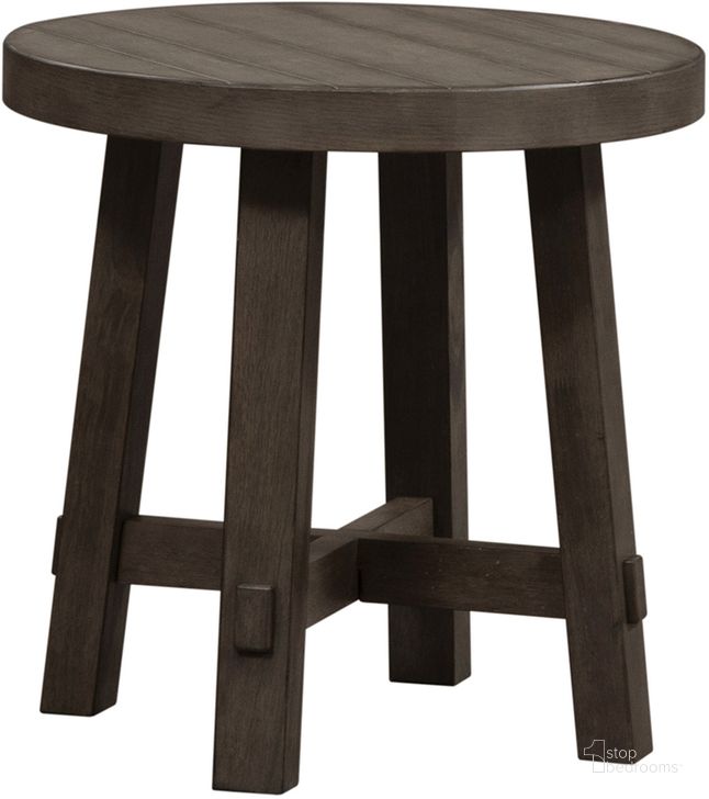 The appearance of Modern Farmhouse Dusty Charcoal Splay Leg Round End Table designed by Liberty in the modern / contemporary interior design. This gray piece of furniture  was selected by 1StopBedrooms from Modern Farmhouse Collection to add a touch of cosiness and style into your home. Sku: 406-OT1024. Material: Wood. Product Type: End Table. Image1