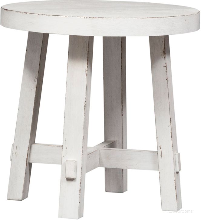 The appearance of Modern Farmhouse Splay Leg Round End Table In White designed by Liberty in the country / farmhouse interior design. This white piece of furniture  was selected by 1StopBedrooms from Modern Farmhouse Collection to add a touch of cosiness and style into your home. Sku: 406W-OT1024. Product Type: End Table. Material: Poplar. Image1