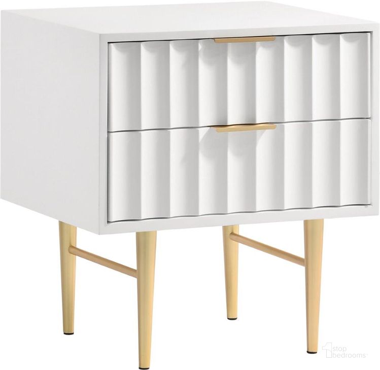The appearance of Modernist White Gloss Night Stand 801White-NS designed by Meridian in the modern / contemporary interior design. This white and gold piece of furniture  was selected by 1StopBedrooms from Modernist Collection to add a touch of cosiness and style into your home. Sku: 801White-NS. Material: Steel. Product Type: Nightstand. Image1