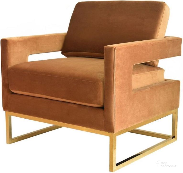 The appearance of Modrest Edna Camel Velvet And Gold Accent Chair designed by VIG Furniture in the modern / contemporary interior design. This brown piece of furniture  was selected by 1StopBedrooms from Modrest Edna Collection to add a touch of cosiness and style into your home. Sku: VGRHRHS-AC-201-BRN-CH. Product Type: Accent Chair. Material: Stainless Steel. Image1