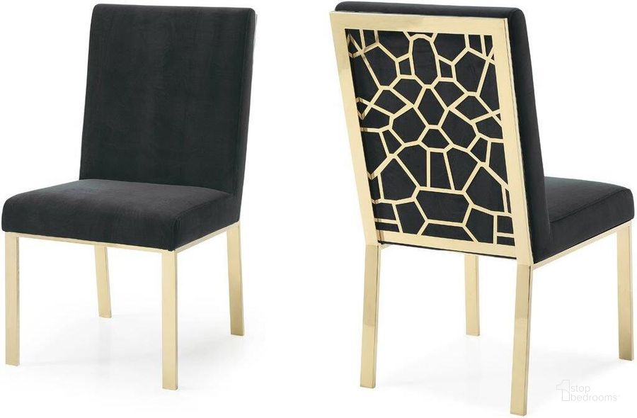 The appearance of Modrest Reba Modern Black Velvet And Gold Dining Chair Set Of 2 designed by VIG Furniture in the modern / contemporary interior design. This black piece of furniture  was selected by 1StopBedrooms from Modrest Collection to add a touch of cosiness and style into your home. Sku: VGVCB0258G-BLK. Product Type: Dining Chair. Material: Stainless Steel. Image1
