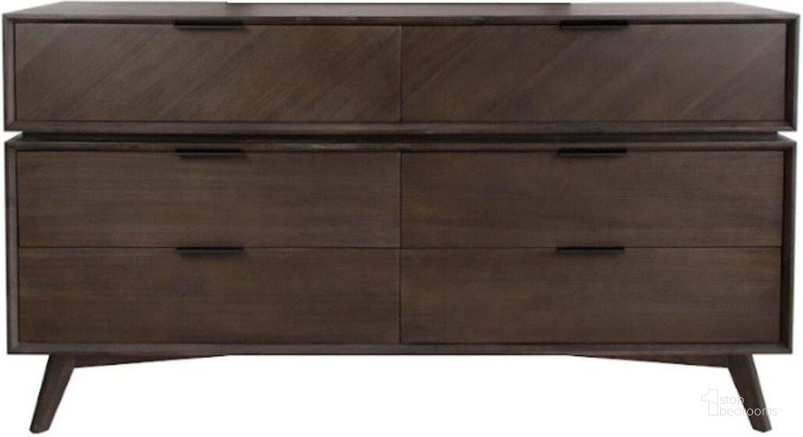 The appearance of Modrest Roger Mid-Century Acacia Dresser designed by VIG Furniture in the transitional interior design. This brown piece of furniture  was selected by 1StopBedrooms from Modrest Roger Collection to add a touch of cosiness and style into your home. Sku: VGWDSTHL-DR6D-SANTI. Material: Wood. Product Type: Dresser.