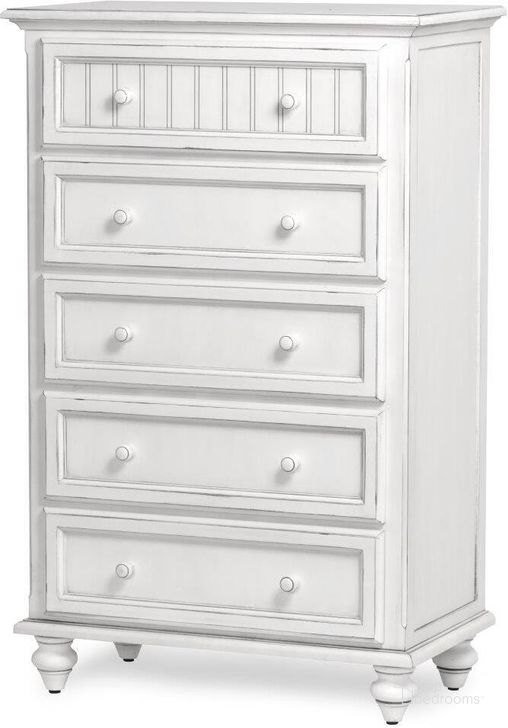 The appearance of Monaco 5 Drawer Chest In White designed by Sea Winds Trading in the transitional interior design. This white piece of furniture  was selected by 1StopBedrooms from Monaco Collection to add a touch of cosiness and style into your home. Sku: B81835-BLANC. Material: Wood. Product Type: Chest. Image1