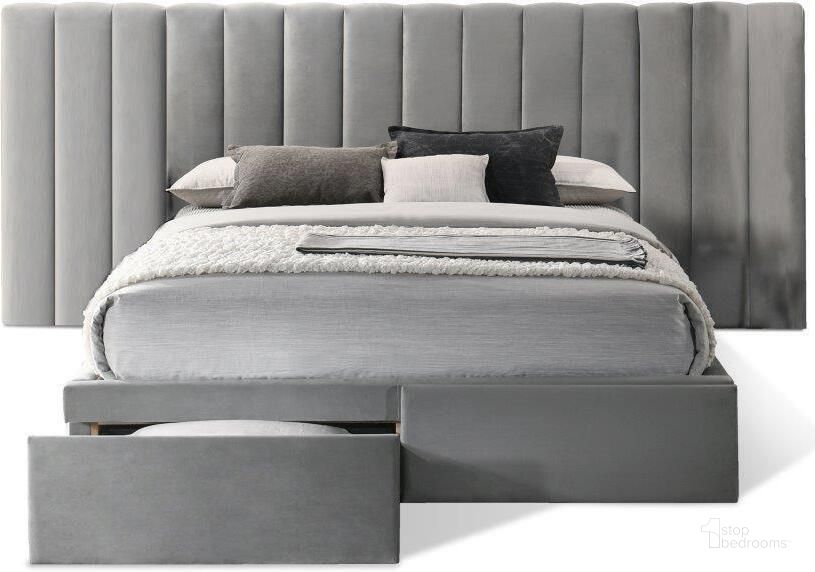 The appearance of Monroe Velvet Continuous Spread Headboard With Footboard Queen Size Bed In Grey designed by US Tamex in the transitional interior design. This grey piece of furniture  was selected by 1StopBedrooms from Monroe Collection to add a touch of cosiness and style into your home. Sku: 4548815-Q-A;4548815-Q-B;4548815-Q-C. Bed Type: Storage Bed. Material: Wood. Product Type: Storage Bed. Bed Size: Queen. Image1