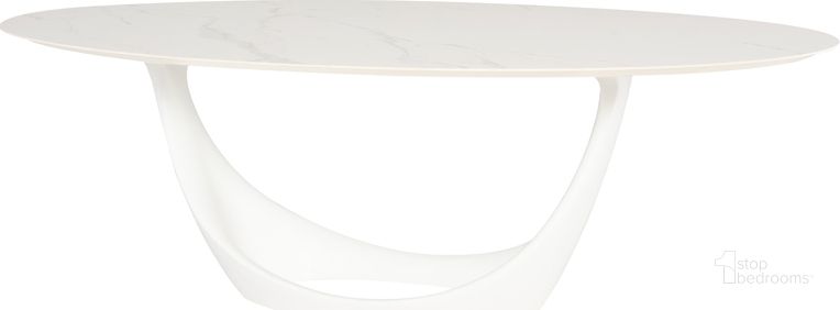 The appearance of Montana White Ceramic Dining Table HGNE276 designed by Nuevo in the modern / contemporary interior design. This white piece of furniture  was selected by 1StopBedrooms from Montana Collection to add a touch of cosiness and style into your home. Sku: HGNE276. Table Base Style: Pedestal. Table Top Shape: Oval. Product Type: Dining Table. Material: Ceramic. Size: 46.