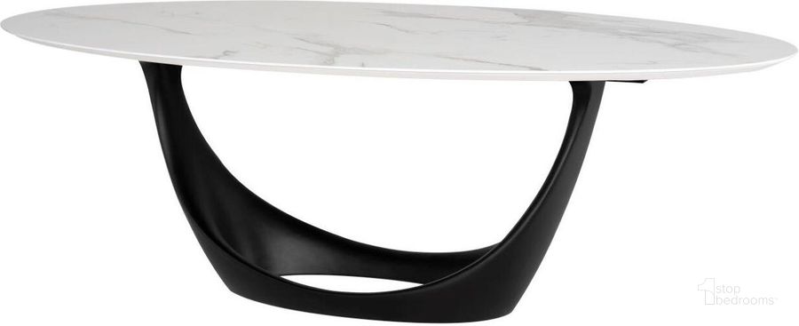 The appearance of Montana White Ceramic Dining Table HGNE330 designed by Nuevo in the modern / contemporary interior design. This black and white piece of furniture  was selected by 1StopBedrooms from Montana Collection to add a touch of cosiness and style into your home. Sku: HGNE330. Table Base Style: Pedestal. Table Top Shape: Oval. Product Type: Dining Table. Material: Ceramic. Size: 46". Image1