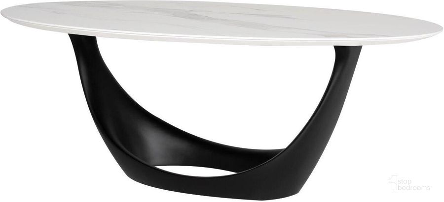 The appearance of Montana White Ceramic Dining Table designed by Nuevo in the modern / contemporary interior design. This black and white piece of furniture  was selected by 1StopBedrooms from Montana Collection to add a touch of cosiness and style into your home. Sku: HGNE331. Table Base Style: Pedestal. Table Top Shape: Oval. Product Type: Dining Table. Material: Ceramic. Size: 46". Image1
