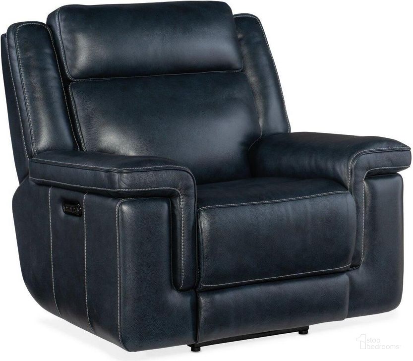 The appearance of Montel Lay Flat Power Recliner With Power Headrest And Lumbar SS705-PHL1-047 designed by Hooker in the transitional interior design. This blue piece of furniture  was selected by 1StopBedrooms from Montel Collection to add a touch of cosiness and style into your home. Sku: SS705-PHL1-047. Material: Leather. Product Type: Recliner. Image1