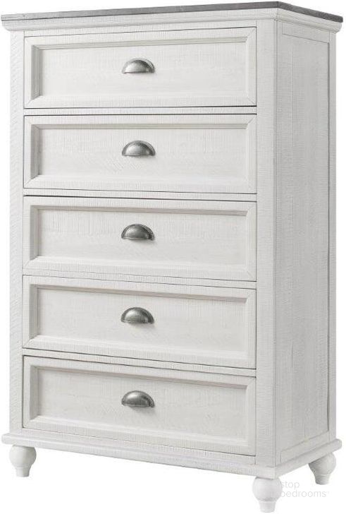 The appearance of Monterey 5 Drawer Chest In White Stain And Grey Stain designed by Martin Svensson Home in the coastal interior design. This grey piece of furniture  was selected by 1StopBedrooms from Monterey Collection to add a touch of cosiness and style into your home. Sku: 6908925. Product Type: Chest. Material: MDF. Image1