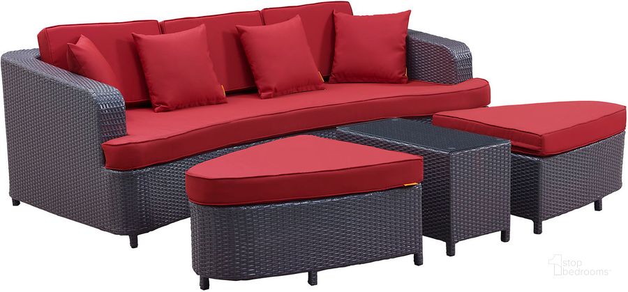 The appearance of Monterey Brown Red 4 Piece Outdoor Patio Sofa Set designed by Modway in the modern / contemporary interior design. This brown red piece of furniture  was selected by 1StopBedrooms from Monterey Collection to add a touch of cosiness and style into your home. Sku: EEI-992-BRN-RED-SET. Material: Rattan. Product Type: Outdoor Sofa. Image1