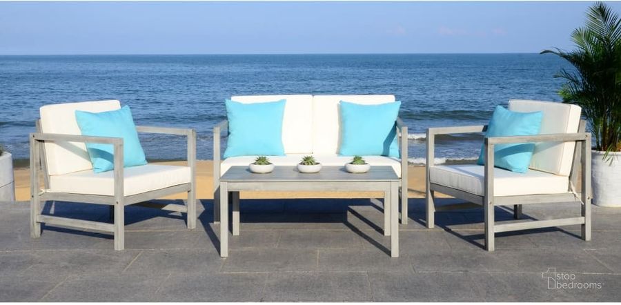 The appearance of Montez Grey Wash, White and Light Blue 4-Piece Outdoor Set with Accent Pillows designed by Safavieh in the modern / contemporary interior design. This blue and grey piece of furniture  was selected by 1StopBedrooms from Montez Collection to add a touch of cosiness and style into your home. Sku: PAT7030B. Material: Steel. Product Type: Outdoor Conversation Set. Image1
