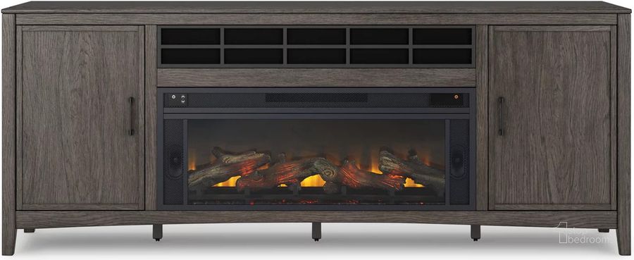 The appearance of Montillan 84 Inch TV Stand With Electric Fireplace In Grayish Brown designed by Signature Design by Ashley in the transitional interior design. This grayish brown piece of furniture  was selected by 1StopBedrooms from Entertainment Accessories Collection to add a touch of cosiness and style into your home. Sku: W100-12;W651-68. Material: Glass. Product Type: TV Stand. Image1