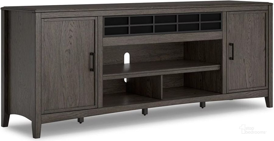 The appearance of Montillan Grayish Brown 84 Inch Tv Stand designed by Signature Design by Ashley in the transitional interior design. This grayish brown piece of furniture  was selected by 1StopBedrooms from Montillan Collection to add a touch of cosiness and style into your home. Sku: W651-68. Material: Wood. Product Type: TV Stand. Image1