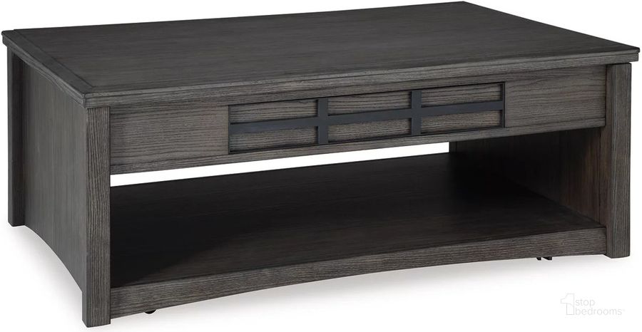 The appearance of Montillan Grayish Brown Lift-Top Coffee Table designed by Signature Design by Ashley in the transitional interior design. This grayish brown piece of furniture  was selected by 1StopBedrooms from Montillan Collection to add a touch of cosiness and style into your home. Sku: T651-9. Material: Wood. Product Type: Coffee Table. Image1