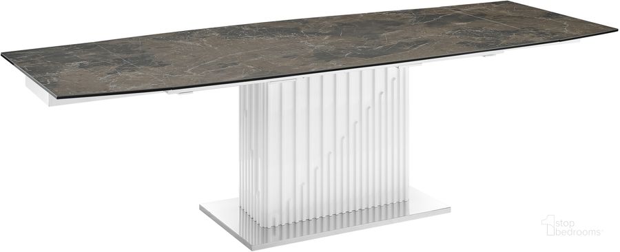 The appearance of Moon Dining Table In Brown Marbled Porcelain Top On Glass With High Gloss White Lacquer Base designed by Casabianca Home in the modern / contemporary interior design. This brown piece of furniture  was selected by 1StopBedrooms from Moon Collection to add a touch of cosiness and style into your home. Sku: TC-MAN08WHTEMP. Table Base Style: Pedestal. Product Type: Dining Table. Table Top Shape: Rectangular. Material: Stainless Steel. Size: 71". Image1
