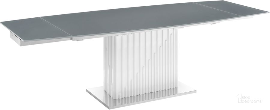 The appearance of Moon Dining Table In Gray Glass With High Gloss White Lacquer Base designed by Casabianca Home in the modern / contemporary interior design. This gray piece of furniture  was selected by 1StopBedrooms from Moon Collection to add a touch of cosiness and style into your home. Sku: TC-MAN08WHTGRY. Table Base Style: Pedestal. Product Type: Dining Table. Table Top Shape: Rectangular. Material: Stainless Steel. Image1