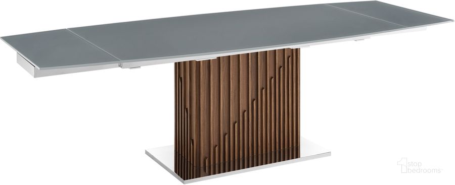 The appearance of Moon Dining Table In Gray Glass With Walnut Veneer Base designed by Casabianca Home in the modern / contemporary interior design. This gray piece of furniture  was selected by 1StopBedrooms from Moon Collection to add a touch of cosiness and style into your home. Sku: TC-MAN08WALGRY. Table Base Style: Pedestal. Product Type: Dining Table. Table Top Shape: Rectangular. Material: Stainless Steel. Image1