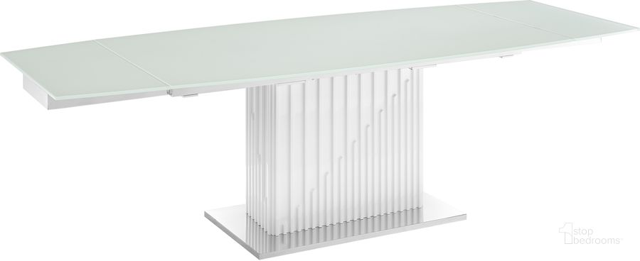 The appearance of Moon Dining Table In White Glass With High Gloss White Lacquer Base designed by Casabianca Home in the modern / contemporary interior design. This white piece of furniture  was selected by 1StopBedrooms from Moon Collection to add a touch of cosiness and style into your home. Sku: TC-MAN08WHTWHT. Table Base Style: Pedestal. Product Type: Dining Table. Table Top Shape: Rectangular. Material: Stainless Steel. Image1
