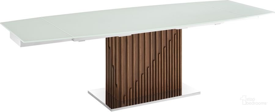 The appearance of Moon Dining Table In White Glass With Walnut Veneer Base designed by Casabianca Home in the modern / contemporary interior design. This walnut and white piece of furniture  was selected by 1StopBedrooms from Moon Collection to add a touch of cosiness and style into your home. Sku: TC-MAN08WALWHT. Table Base Style: Pedestal. Product Type: Dining Table. Table Top Shape: Rectangular. Material: Stainless Steel. Image1